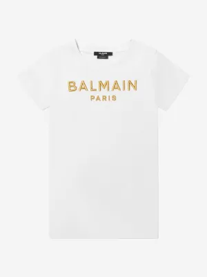 Balmain Girls Logo Jersey Dress in White