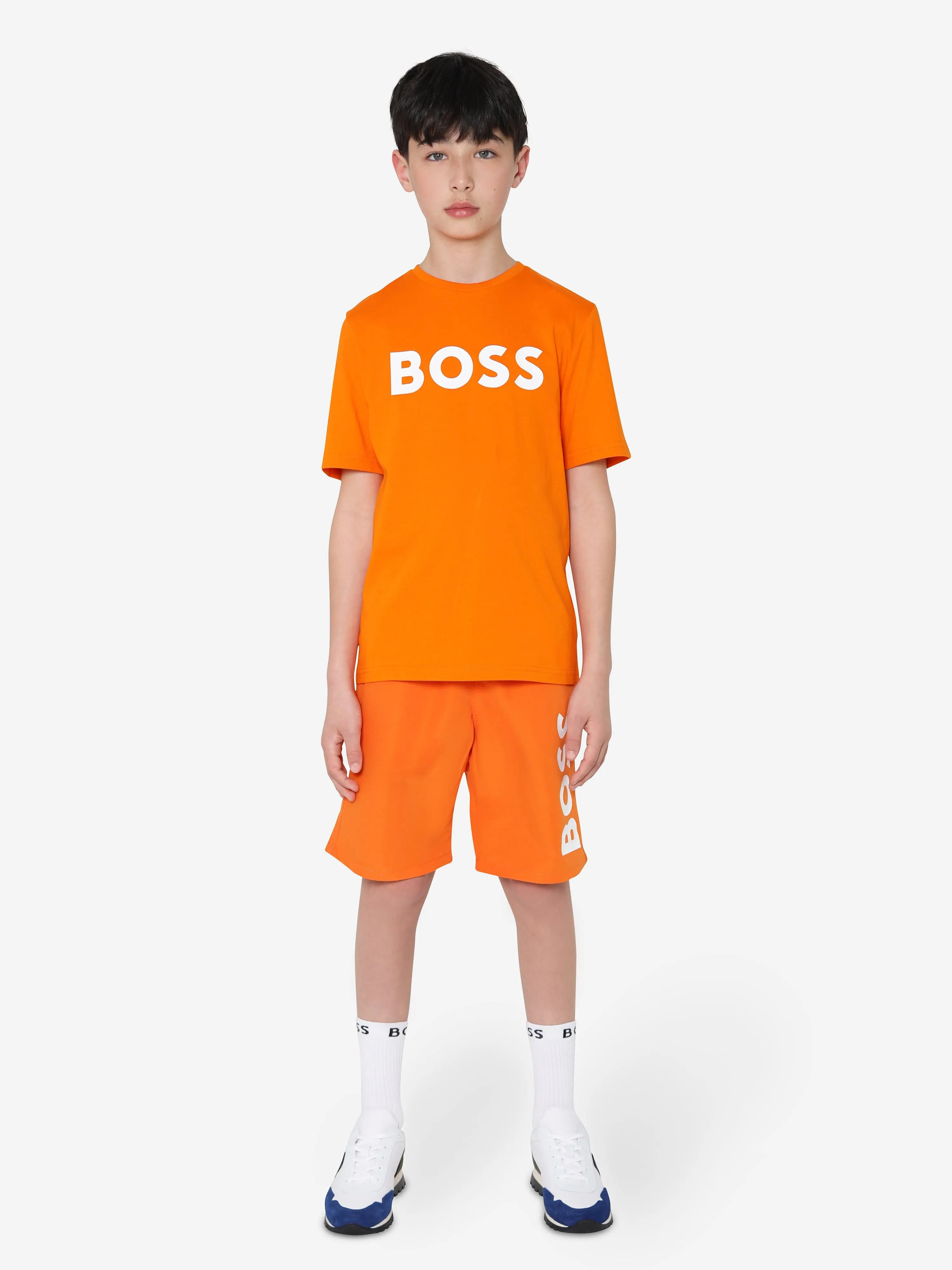 BOSS Boys Logo Print T-Shirt In Orange