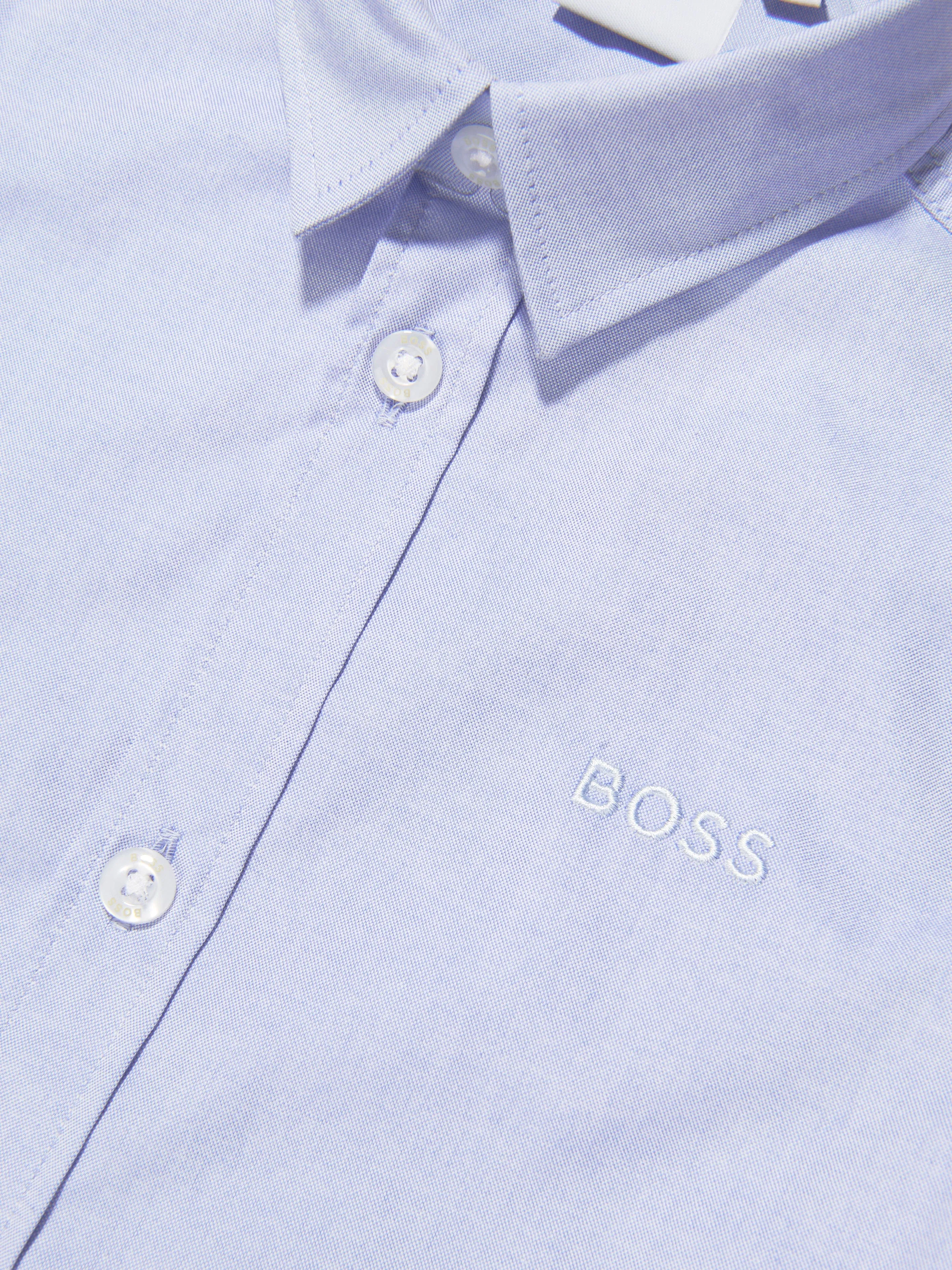 BOSS Boys Short Sleeve Oxford Shirt In Blue