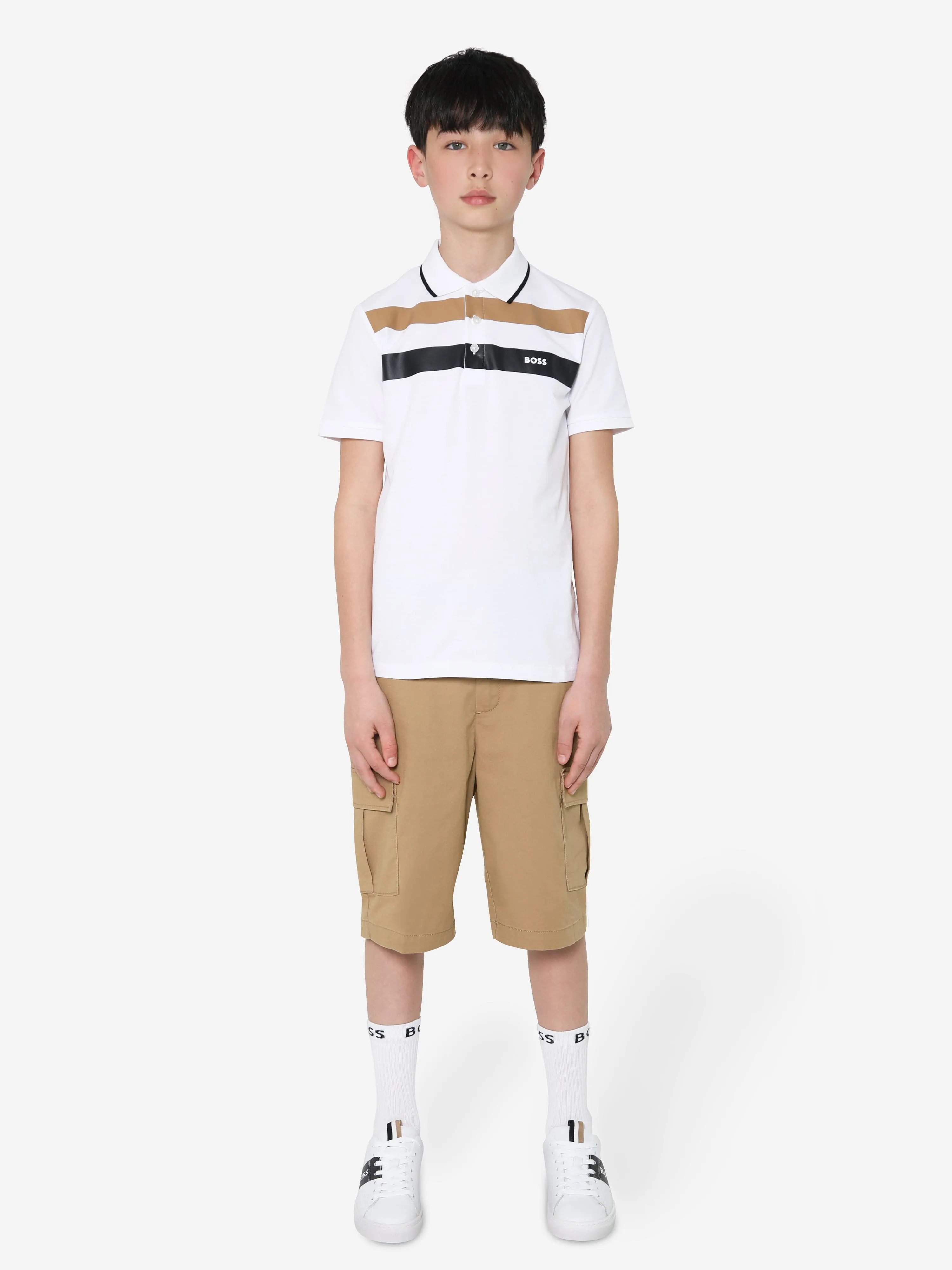 BOSS Boys Striped Polo Shirt In White