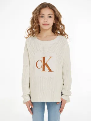 Calvin Klein Girls Bronze Monogram Slit Sweater in Ivory