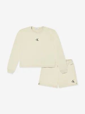 Calvin Klein Girls CK Logo Sweatshirt Shorts Set in Beige