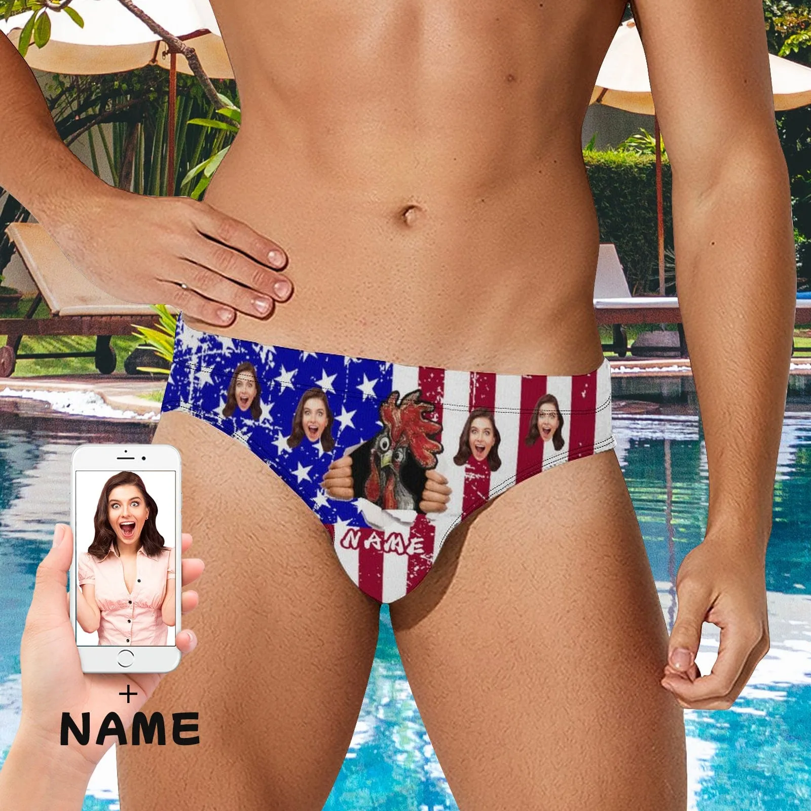 Custom Flag Swim Shorts with Photo & Name Personalized Funny Cock Men's Triangle Swim Briefs for Independence Day