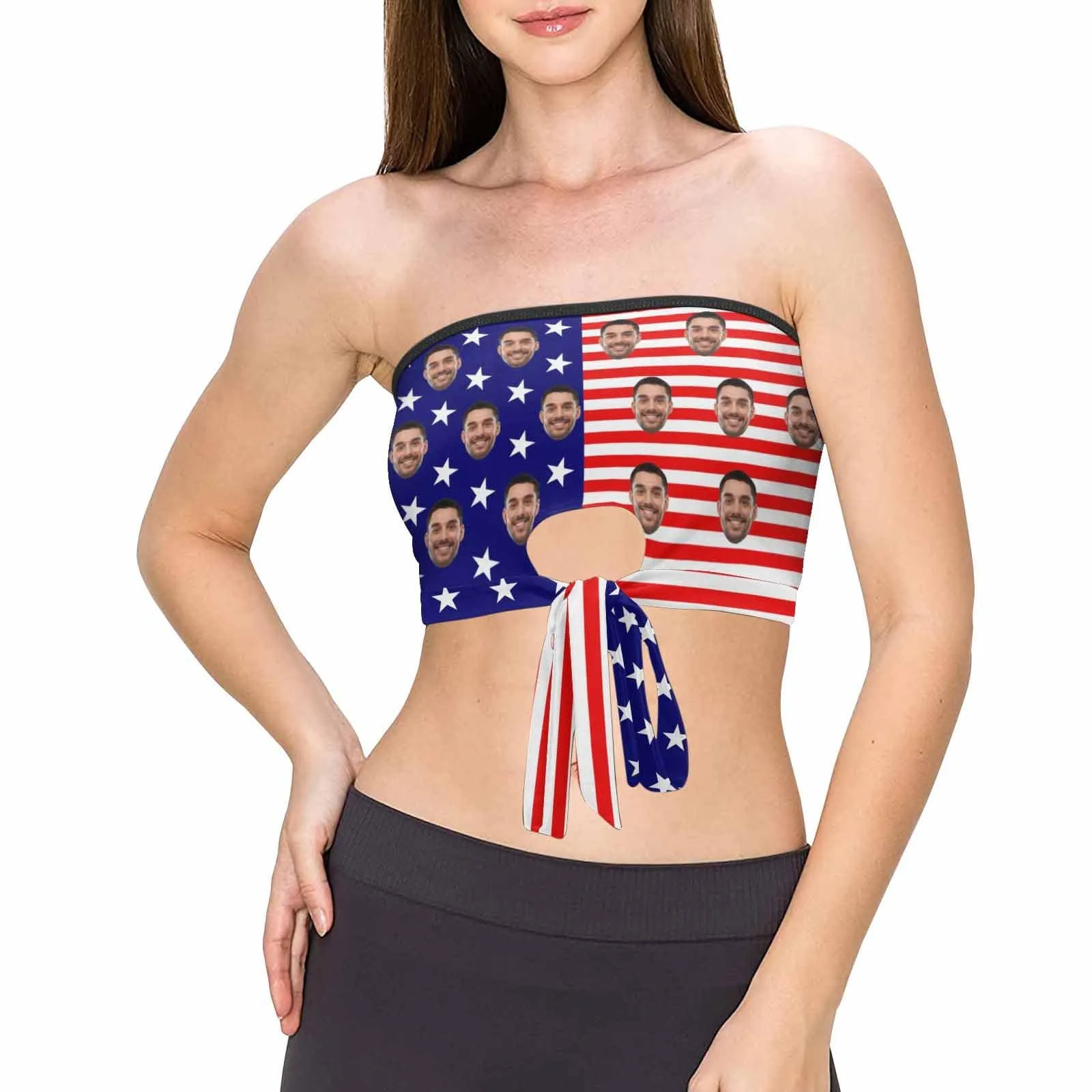 Custom Husband Face Flag Tops Personalized Women's Strapless Bow Tube Top