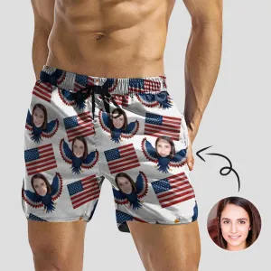 Custom Made Swim Trunks with Face Print USA Eagle Flag Men's Quick Dry Swim Shorts for Independence Day