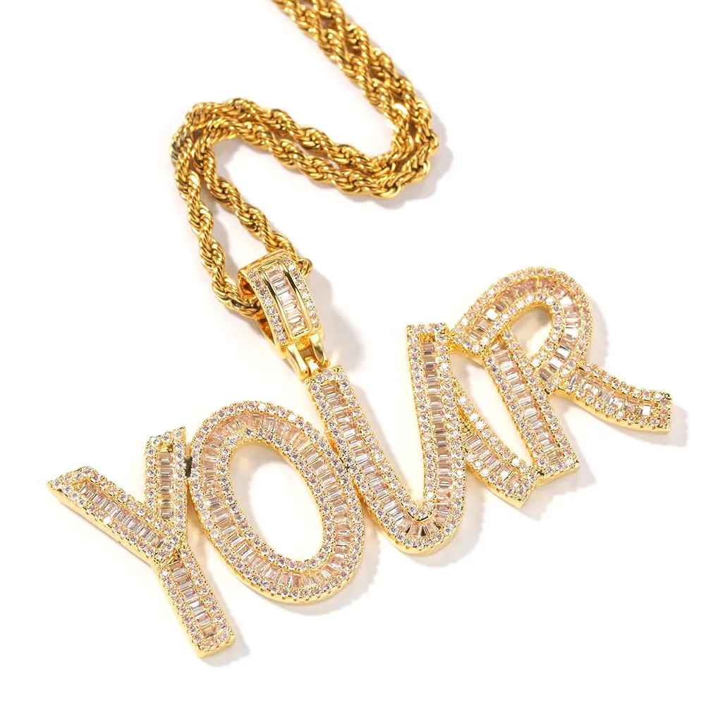 Custom Name Plate Iced Out cz Baguette Diamonds Letter Necklace