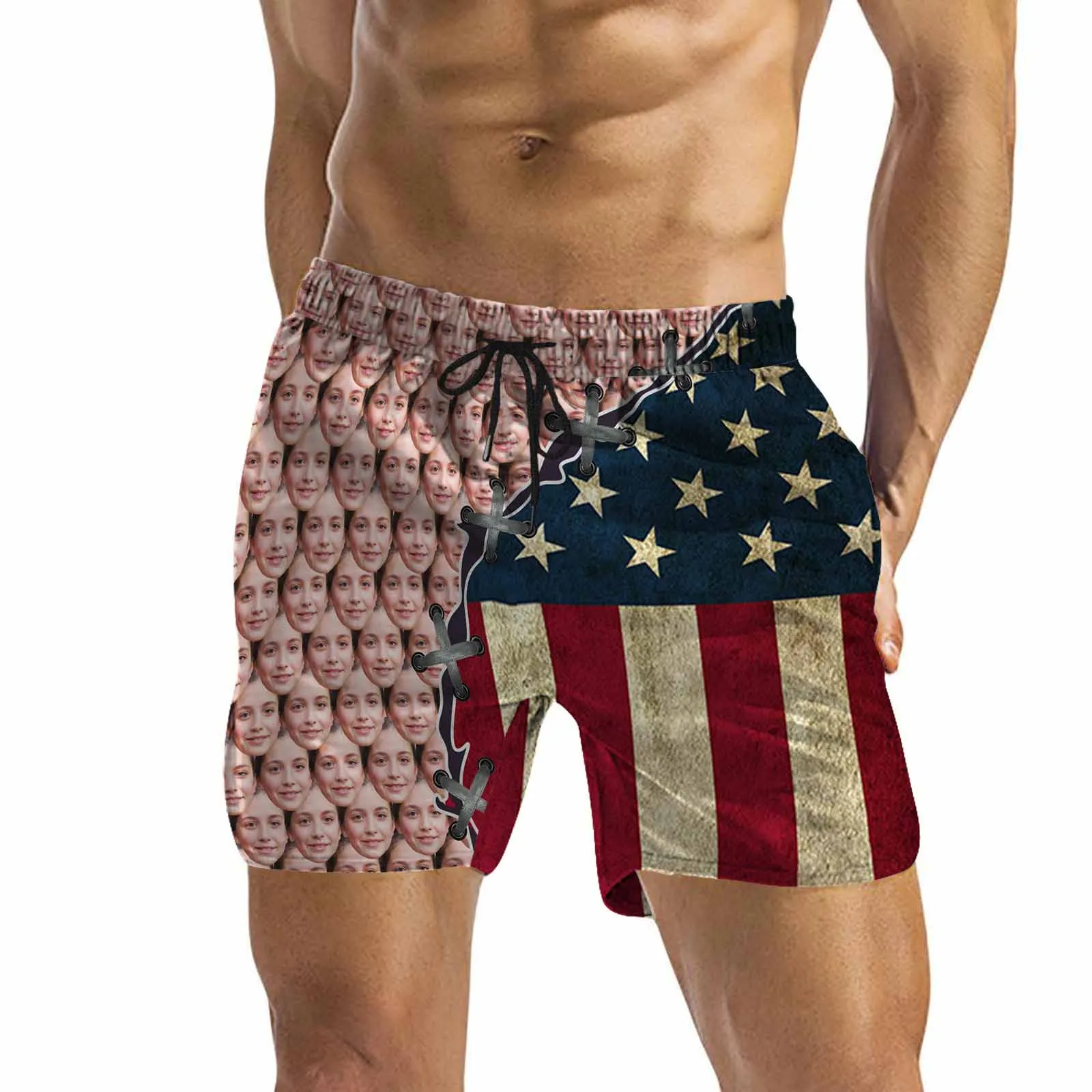 Custom Seamless Flag Swimming Trunks Personalized Men's Quick Dry Swim Shorts with Face on It for Independence Day