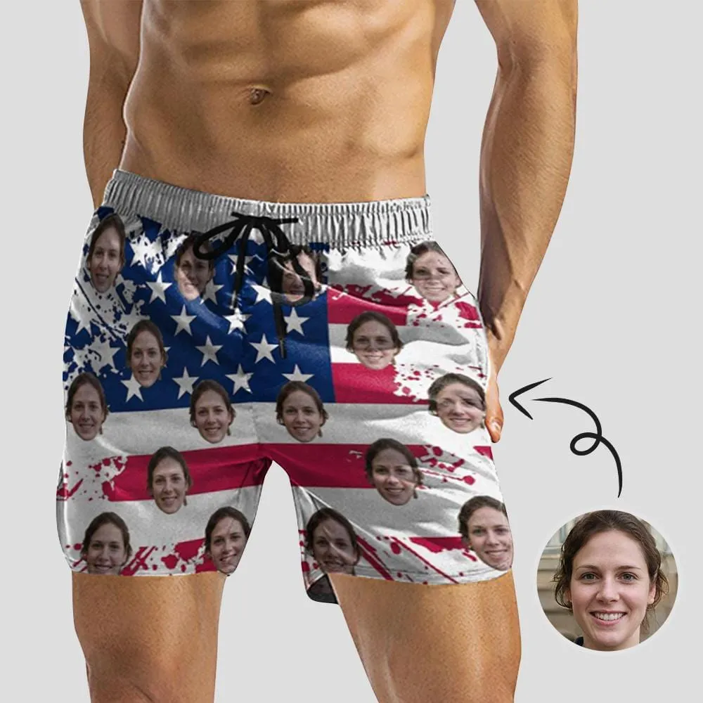 Custom Swimming Trunks Personalized Face Flag Men's Quick Dry Swim Shorts with Girlfriend's Face