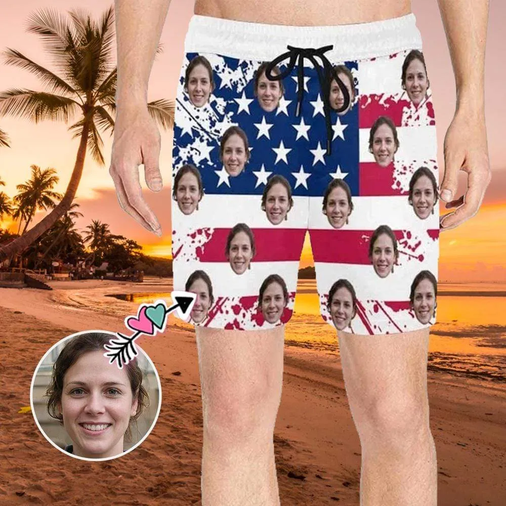 Custom Swimming Trunks Personalized Face Flag Men's Quick Dry Swim Shorts with Girlfriend's Face