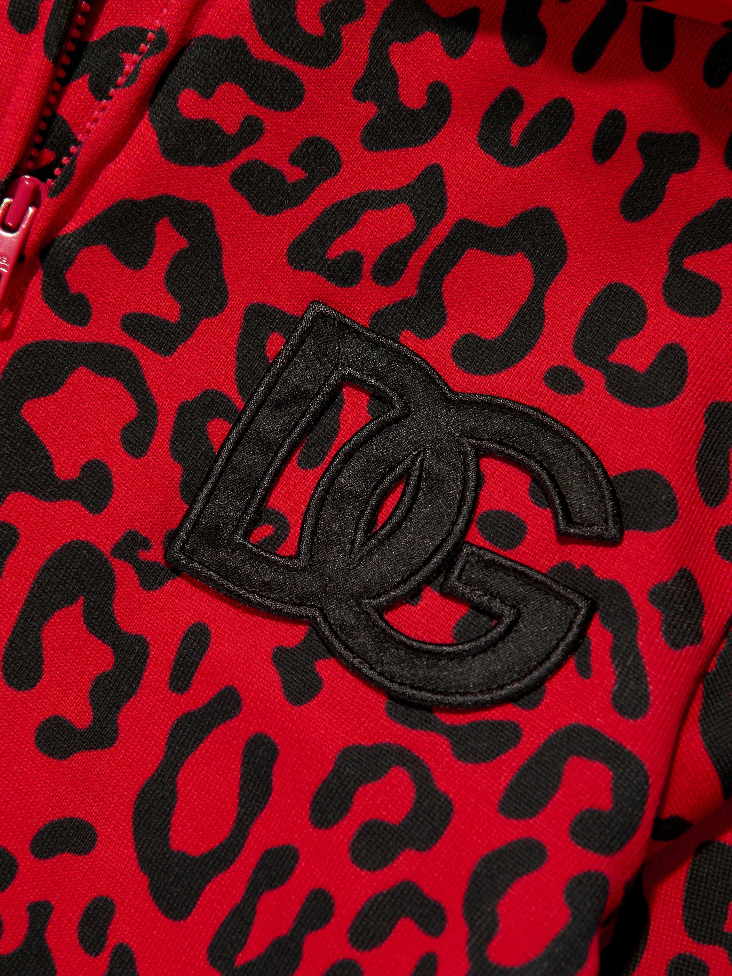 Dolce & Gabbana Girls Logo Leopard Print Zip Up Hoodie in Red