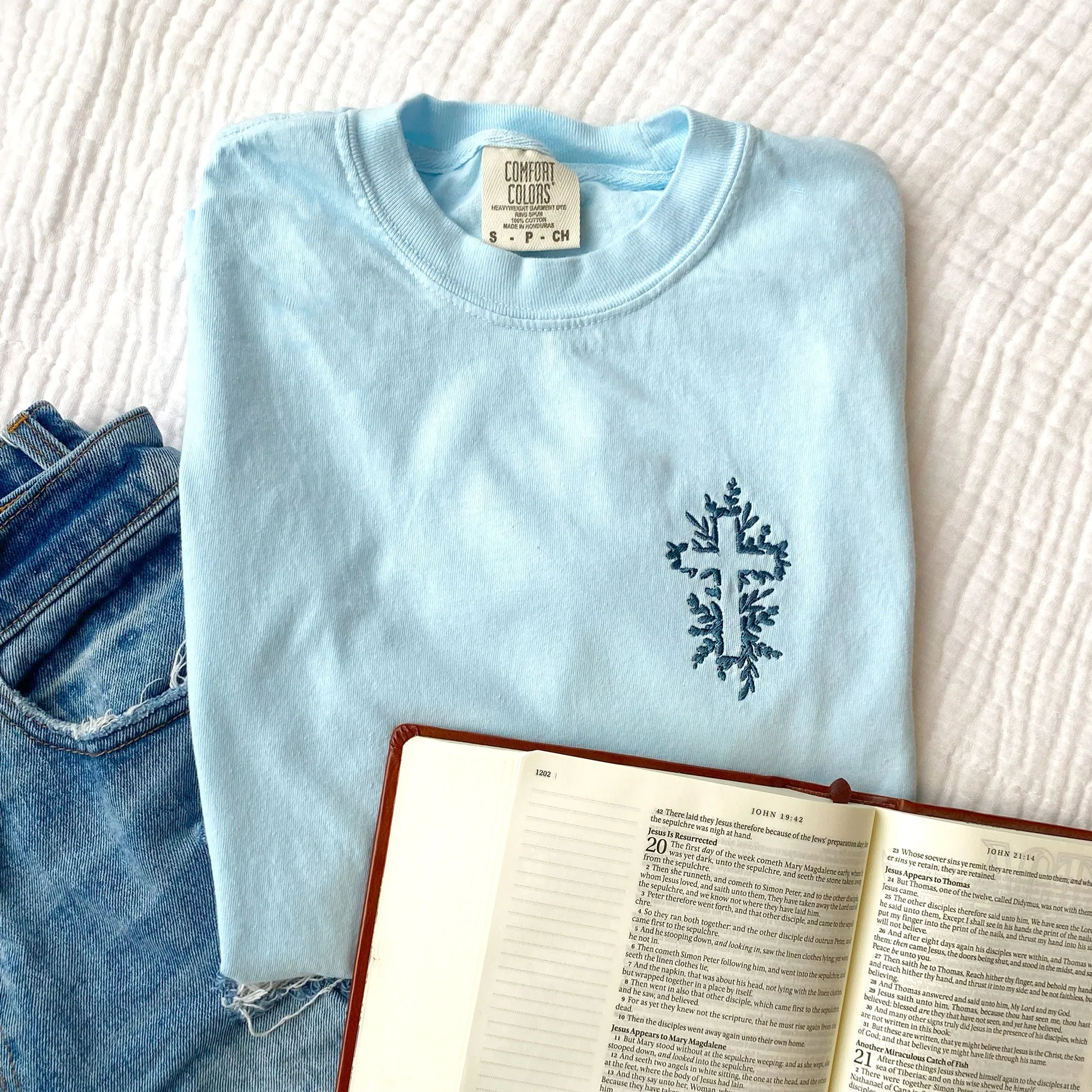 Embroidered Floral Cross Comfort Colors T-Shirt