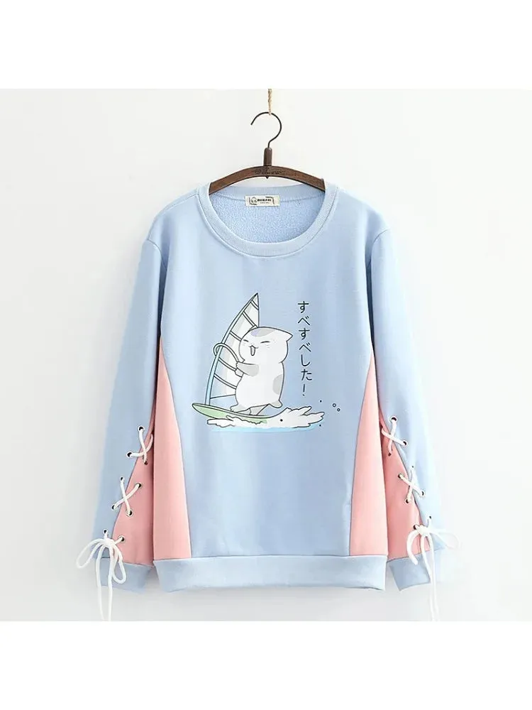 Fleece Plus Velvet Hoodies Sweatshirts For Teen Girls Cartoon Print O-neck  Winter Thick Cute Pullover Tracksuits