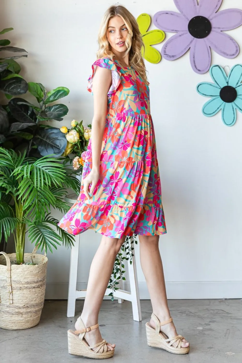 Full Size Floral Cap Sleeve Summer Dress