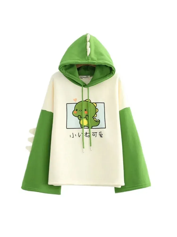 Harajuku Kawaii Hoodies Cartoon Dinosaur Print Casual Women Winter Warm Fleece Hooded Cotton Sweatshirt Teen Girls Cute Top