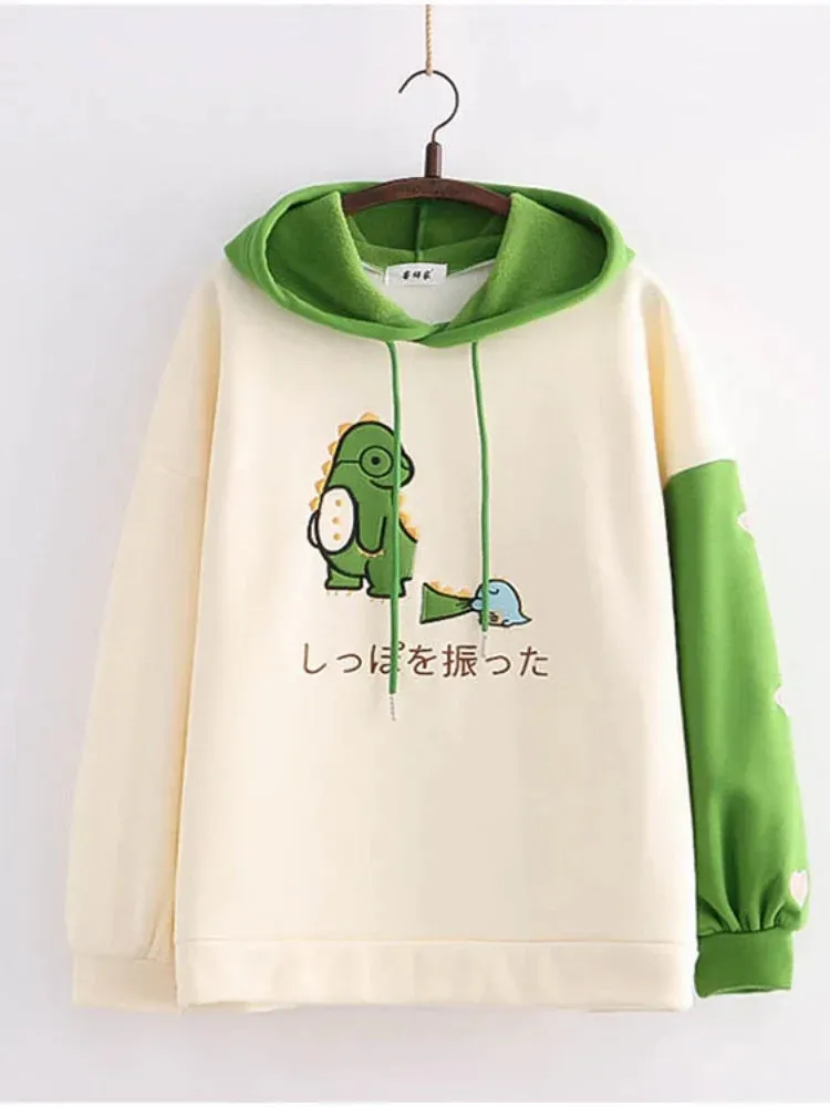 Harajuku Kawaii Hoodies Cartoon Dinosaur Print Casual Women Winter Warm Fleece Hooded Cotton Sweatshirt Teen Girls Cute Top