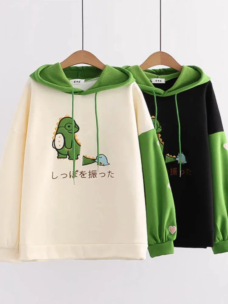 Harajuku Kawaii Hoodies Cartoon Dinosaur Print Casual Women Winter Warm Fleece Hooded Cotton Sweatshirt Teen Girls Cute Top