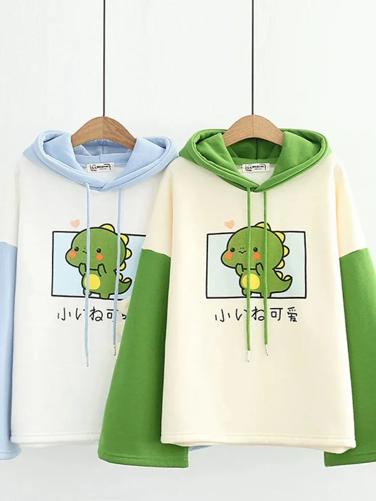 Harajuku Kawaii Hoodies Cartoon Dinosaur Print Casual Women Winter Warm Fleece Hooded Cotton Sweatshirt Teen Girls Cute Top