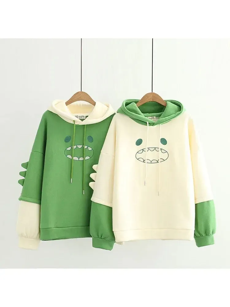 Harajuku Kawaii Hoodies Cartoon Dinosaur Print Casual Women Winter Warm Fleece Hooded Cotton Sweatshirt Teen Girls Cute Top