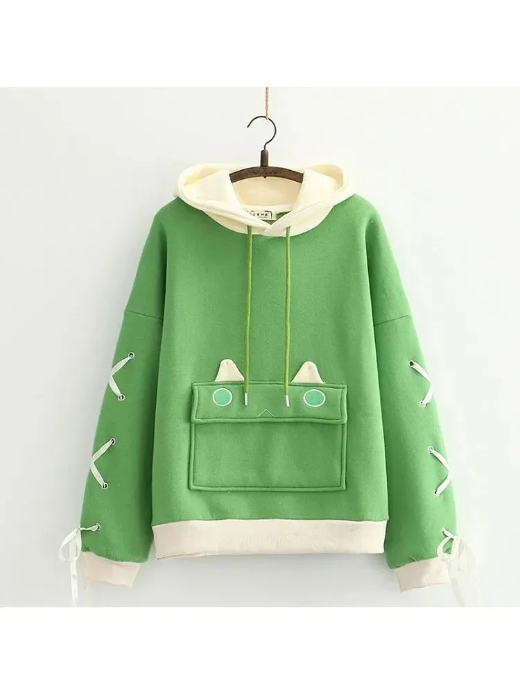 Harajuku Kawaii Hoodies Cartoon Dinosaur Print Casual Women Winter Warm Fleece Hooded Cotton Sweatshirt Teen Girls Cute Top