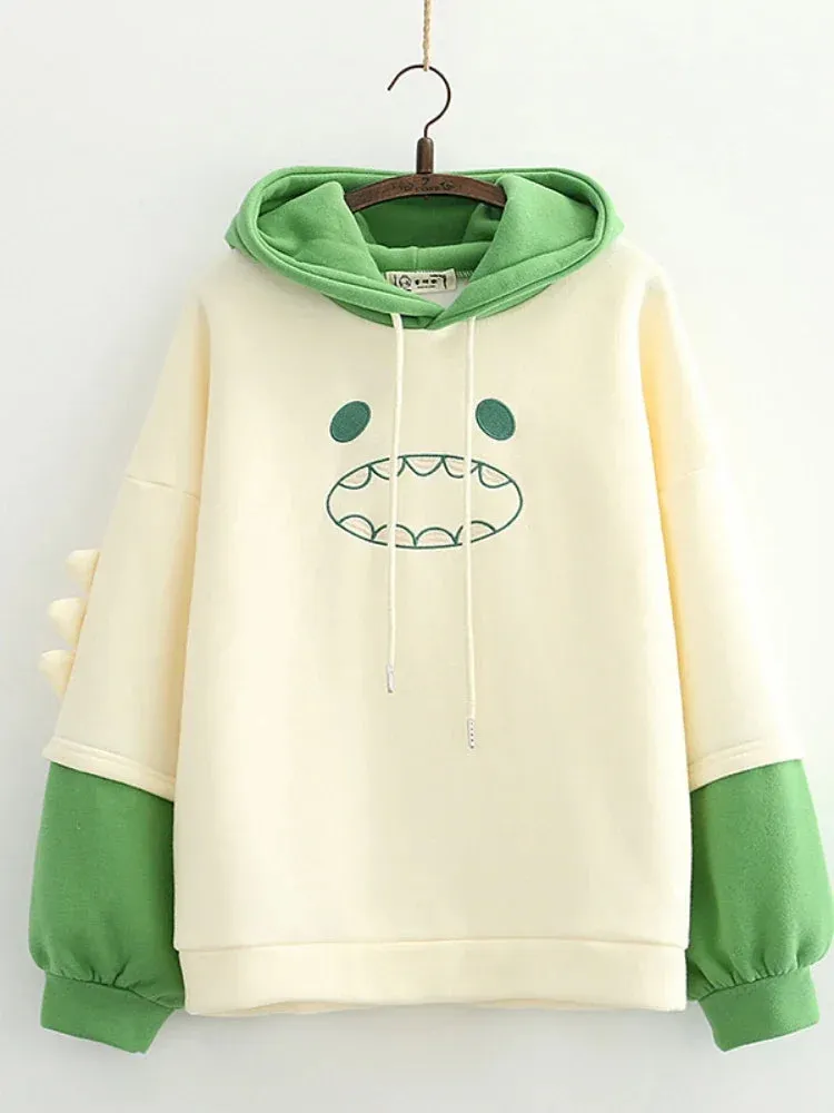 Harajuku Kawaii Hoodies Cartoon Dinosaur Print Casual Women Winter Warm Fleece Hooded Cotton Sweatshirt Teen Girls Cute Top