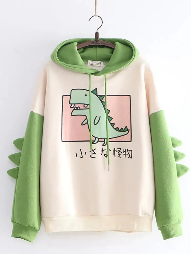 Harajuku Kawaii Hoodies Cartoon Dinosaur Print Casual Women Winter Warm Fleece Hooded Cotton Sweatshirt Teen Girls Cute Top