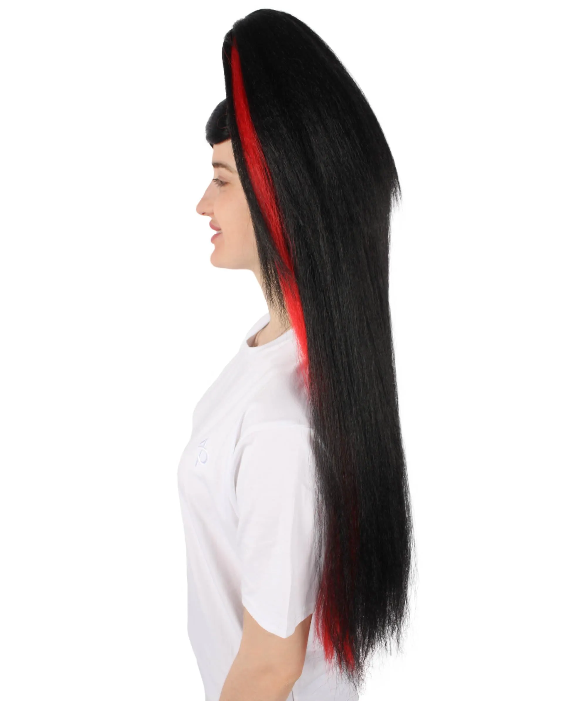 HPO Adult Women's Red and Black Ponytail Drag Queen Wig I Perfect for Halloween I Flame-retardant Synthetic Fiber