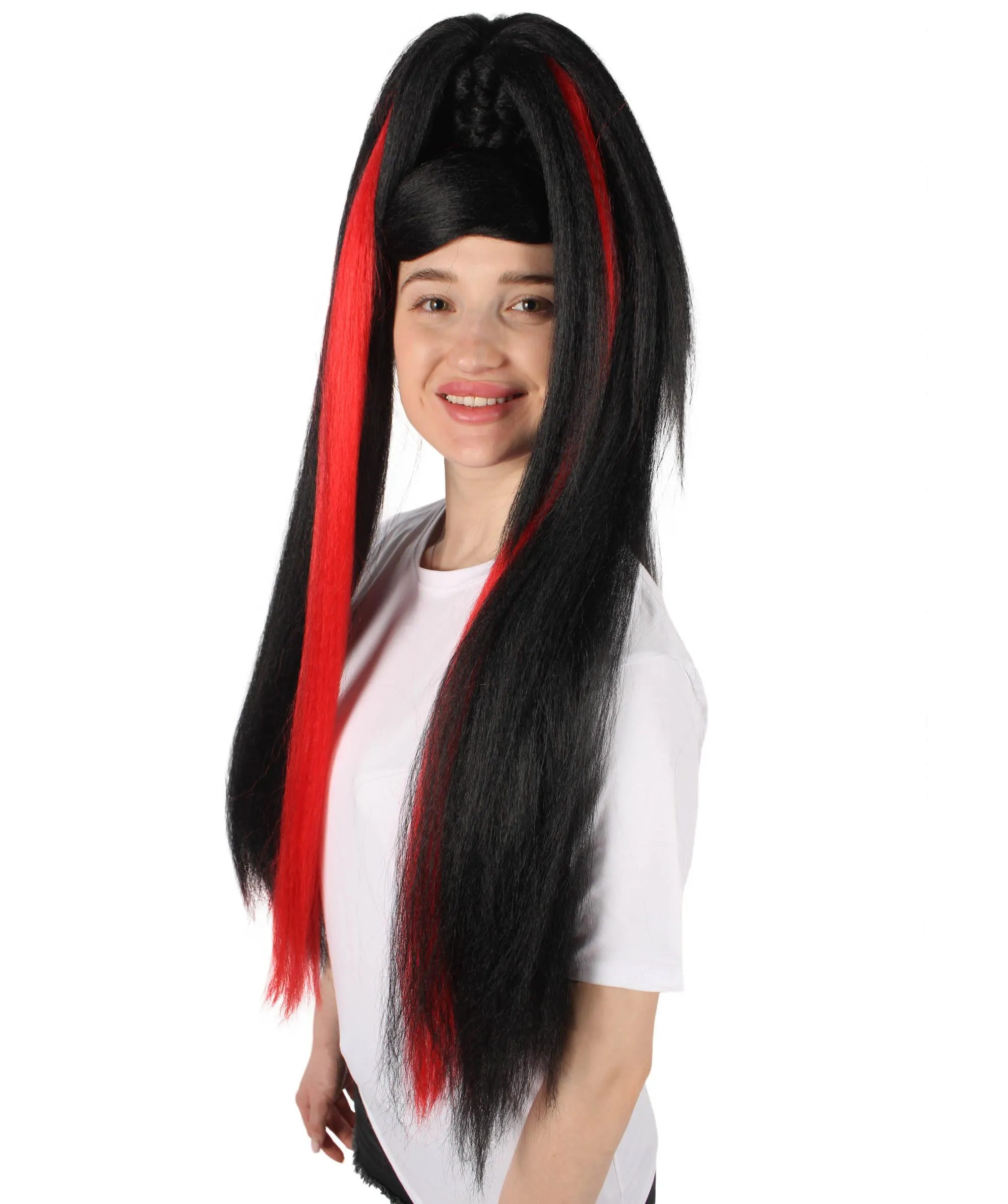 HPO Adult Women's Red and Black Ponytail Drag Queen Wig I Perfect for Halloween I Flame-retardant Synthetic Fiber