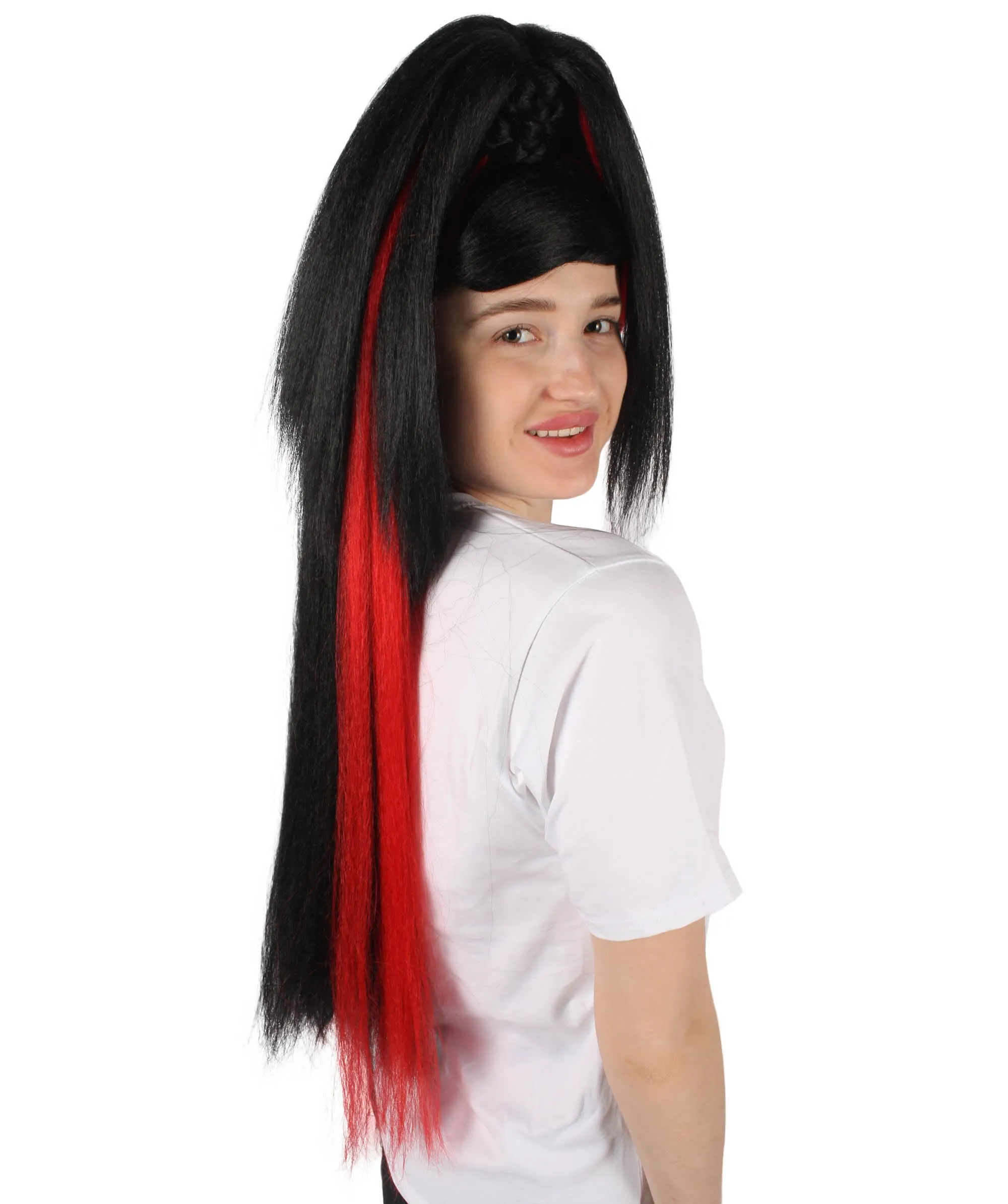 HPO Adult Women's Red and Black Ponytail Drag Queen Wig I Perfect for Halloween I Flame-retardant Synthetic Fiber