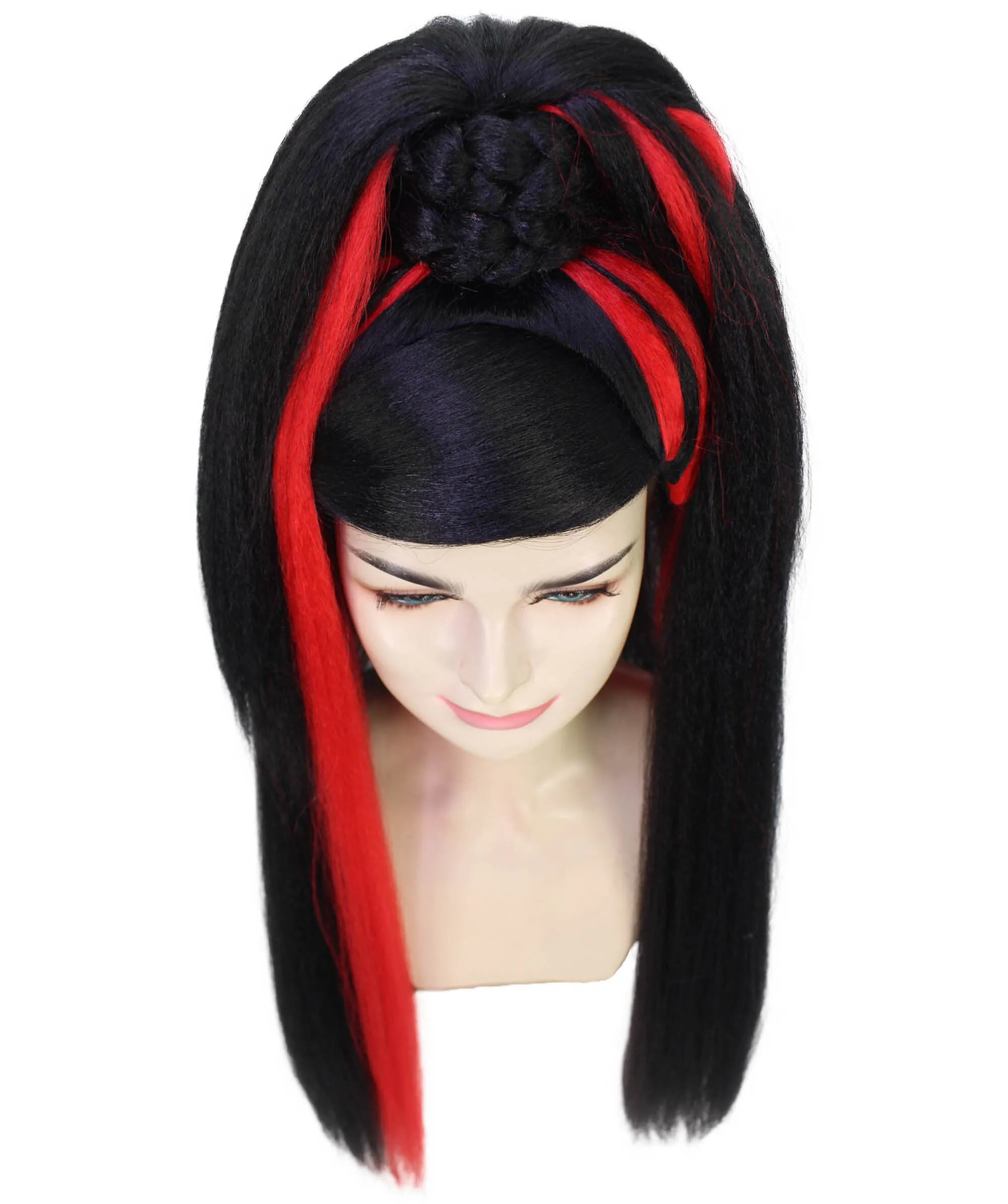 HPO Adult Women's Red and Black Ponytail Drag Queen Wig I Perfect for Halloween I Flame-retardant Synthetic Fiber