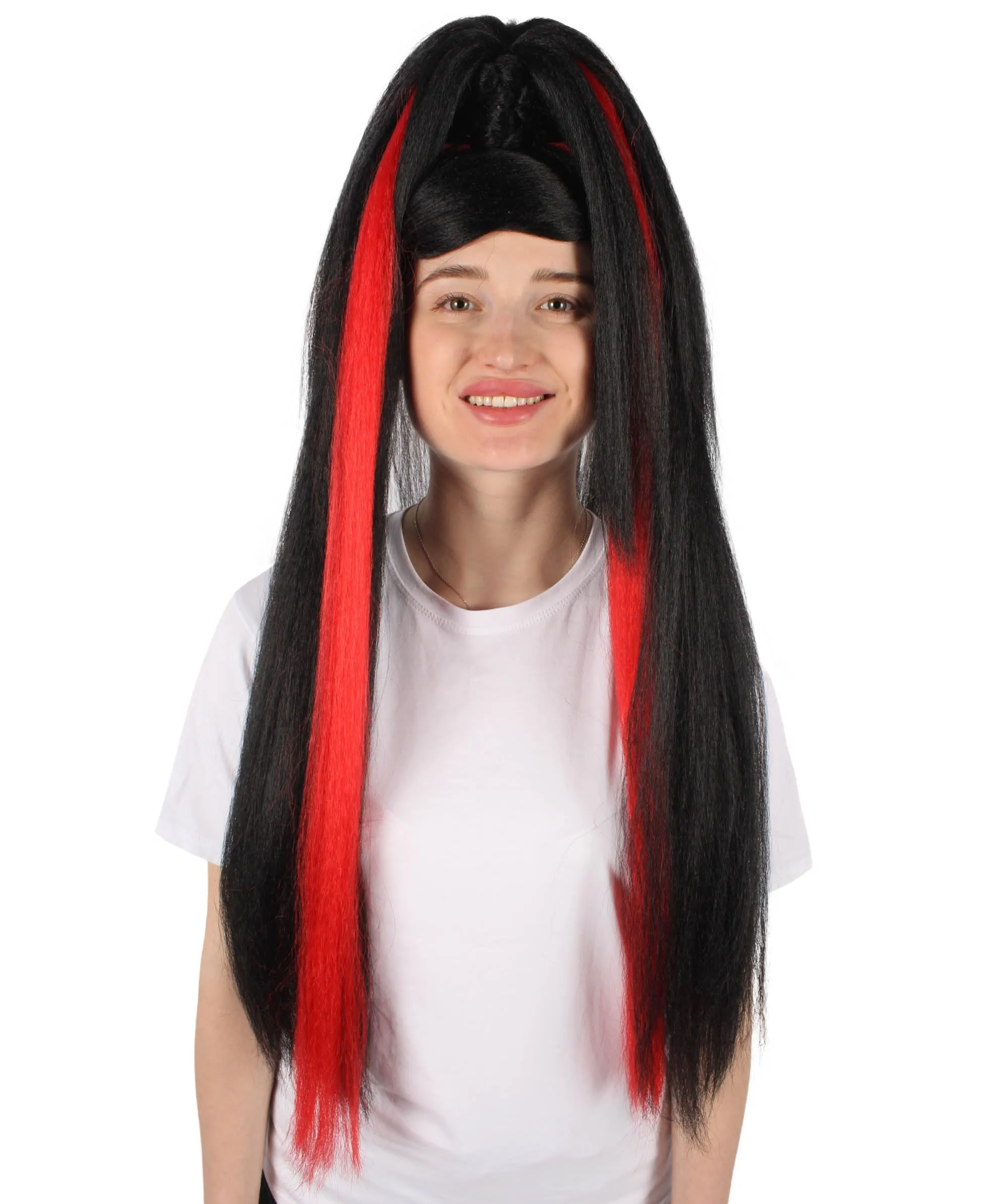 HPO Adult Women's Red and Black Ponytail Drag Queen Wig I Perfect for Halloween I Flame-retardant Synthetic Fiber