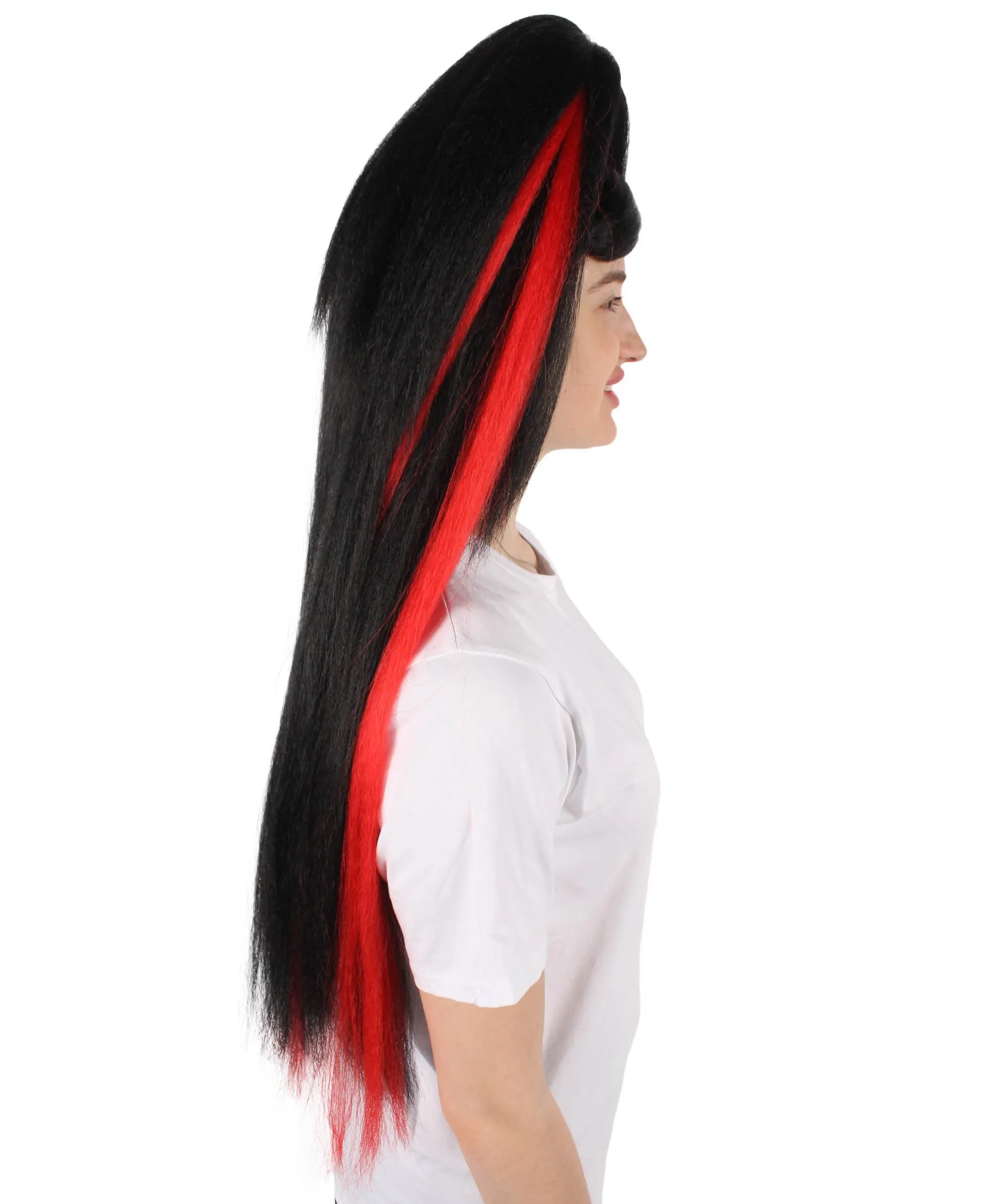 HPO Adult Women's Red and Black Ponytail Drag Queen Wig I Perfect for Halloween I Flame-retardant Synthetic Fiber