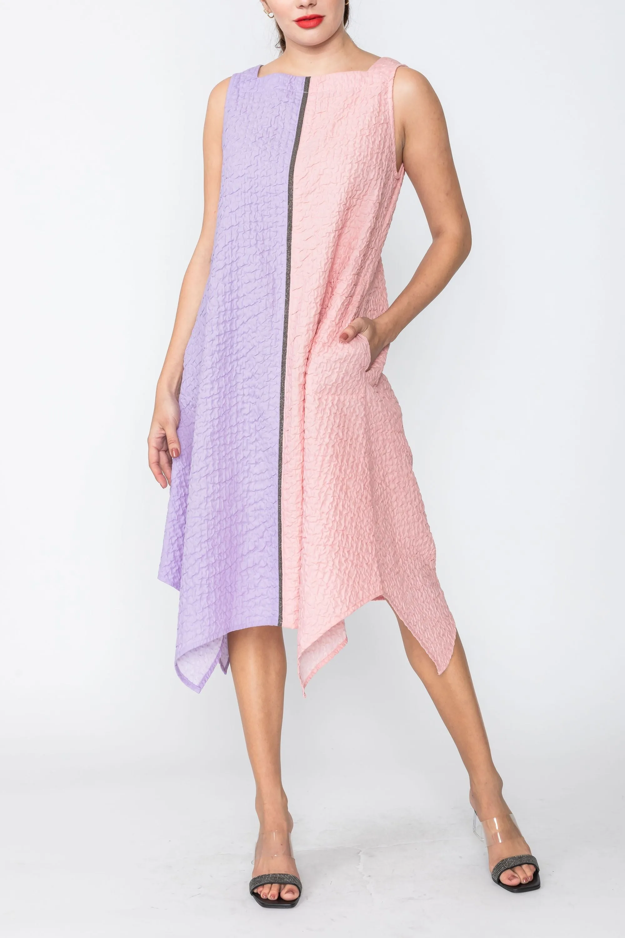 Lilac/Pink Color-Block Square Neck Dress