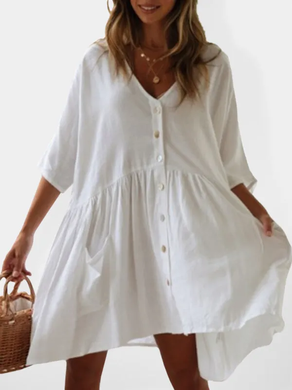 Loose Button Rayon Slub Casual Dress Beach Cover Up Holiday Dress