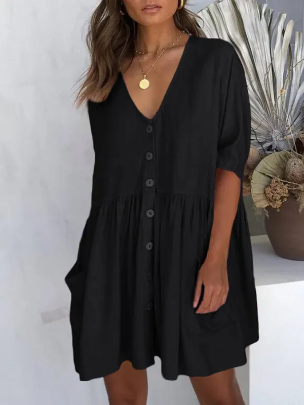 Loose Button Rayon Slub Casual Dress Beach Cover Up Holiday Dress