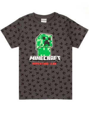 Minecraft Creeper All Over Print Boy's Black T-Shirt - Grey