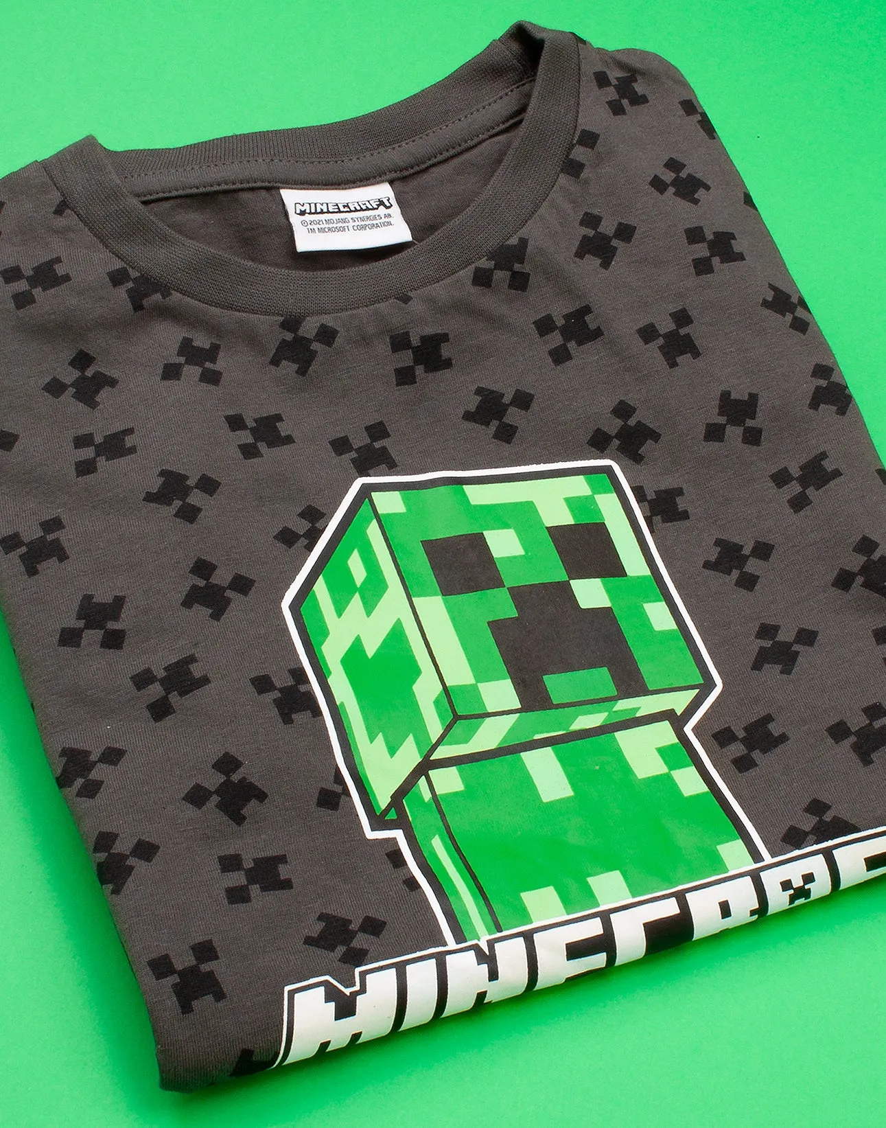 Minecraft Creeper All Over Print Boy's Black T-Shirt - Grey