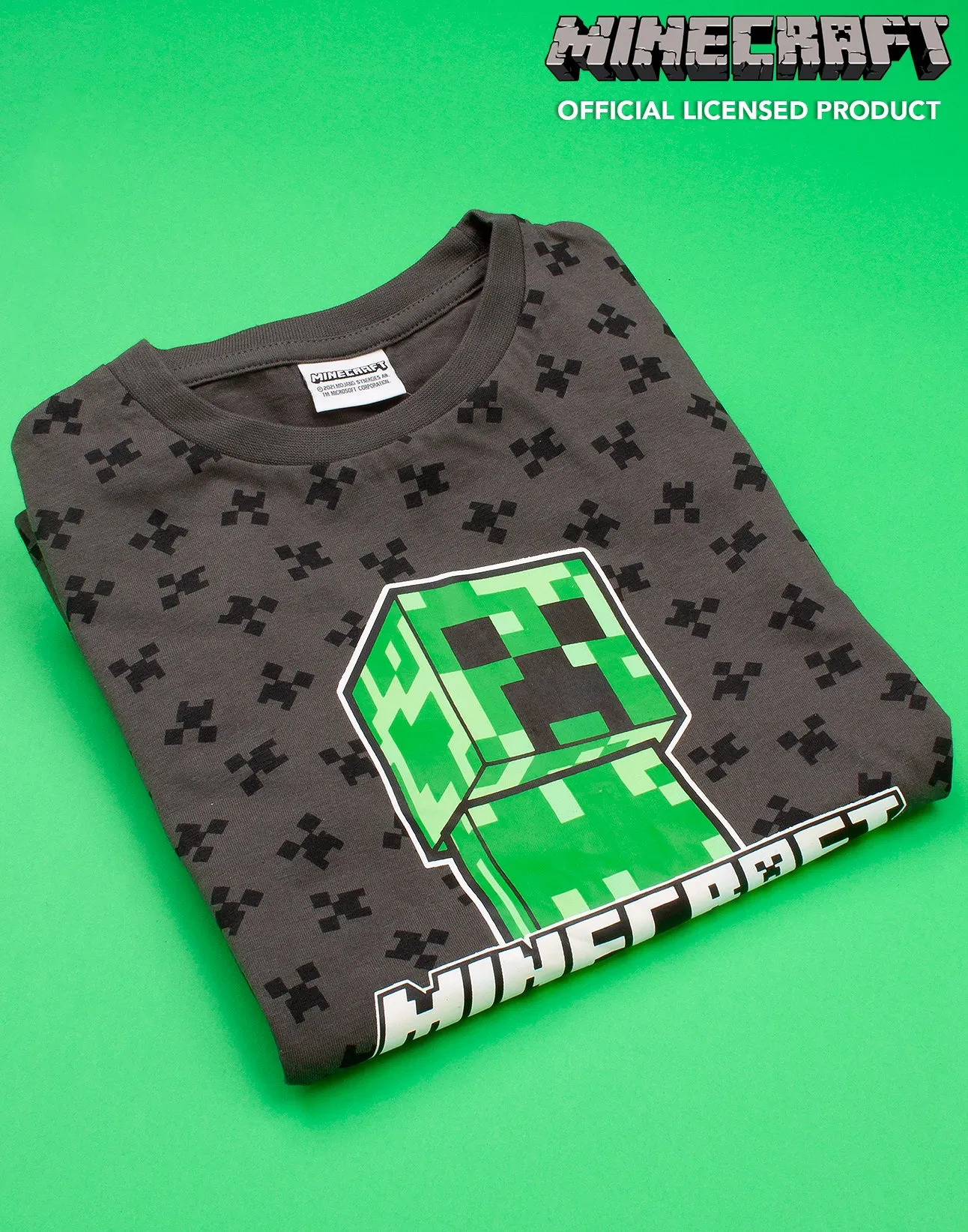 Minecraft Creeper All Over Print Boy's Black T-Shirt - Grey