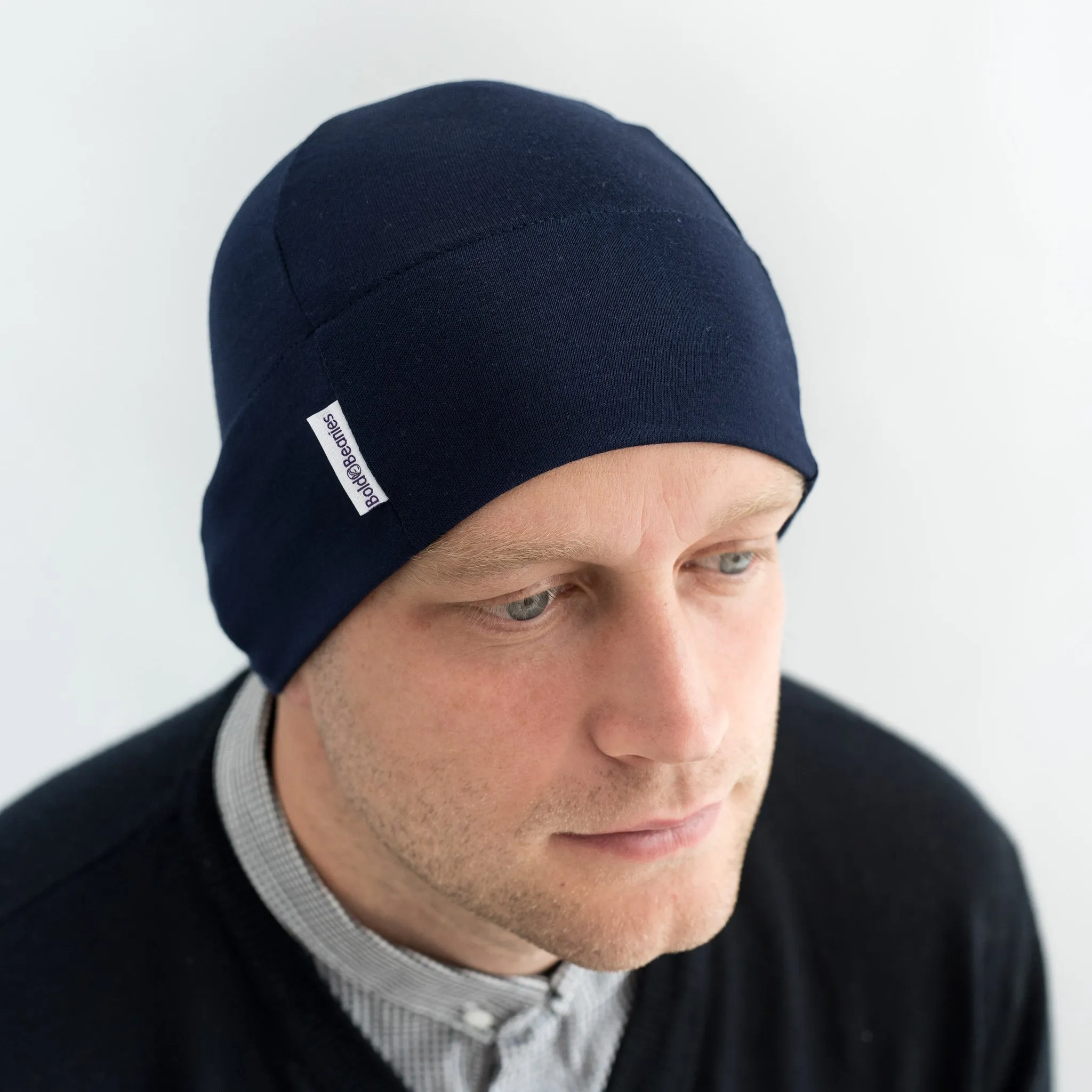 Navy Mens Plain Cancer Beanie Hat