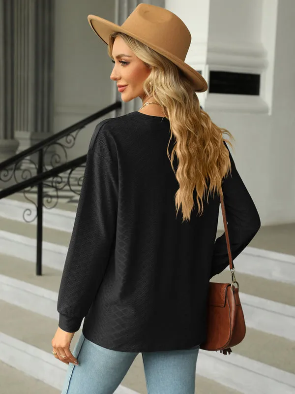 V Neck Button Loose Long Sleeve T-Shirt Top Women's Clothes