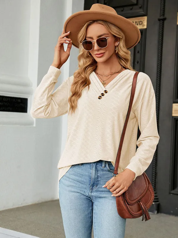 V Neck Button Loose Long Sleeve T-Shirt Top Women's Clothes