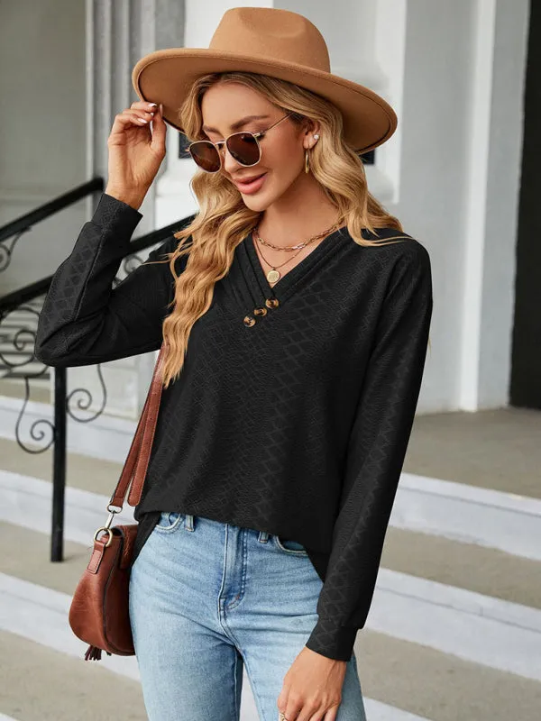 V Neck Button Loose Long Sleeve T-Shirt Top Women's Clothes