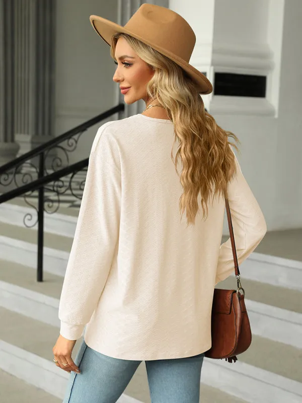 V Neck Button Loose Long Sleeve T-Shirt Top Women's Clothes