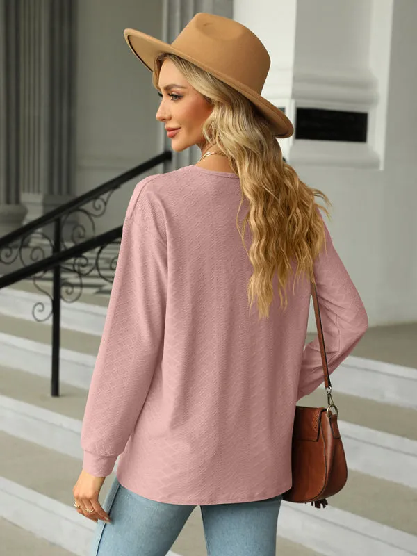 V Neck Button Loose Long Sleeve T-Shirt Top Women's Clothes