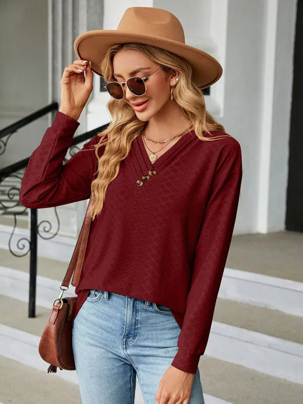 V Neck Button Loose Long Sleeve T-Shirt Top Women's Clothes