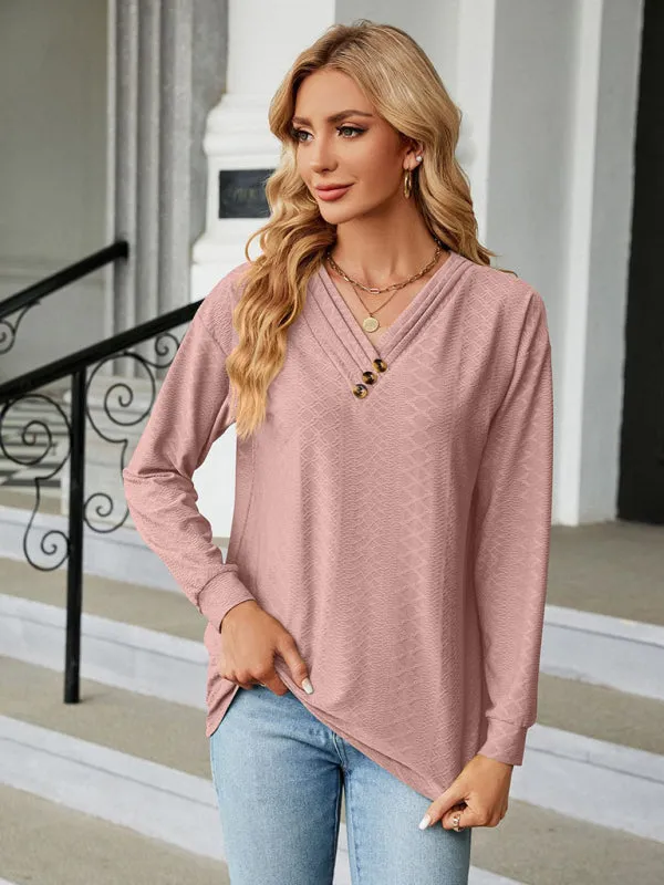 V Neck Button Loose Long Sleeve T-Shirt Top Women's Clothes