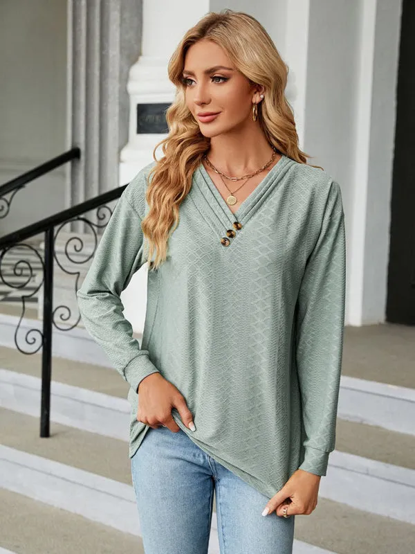 V Neck Button Loose Long Sleeve T-Shirt Top Women's Clothes