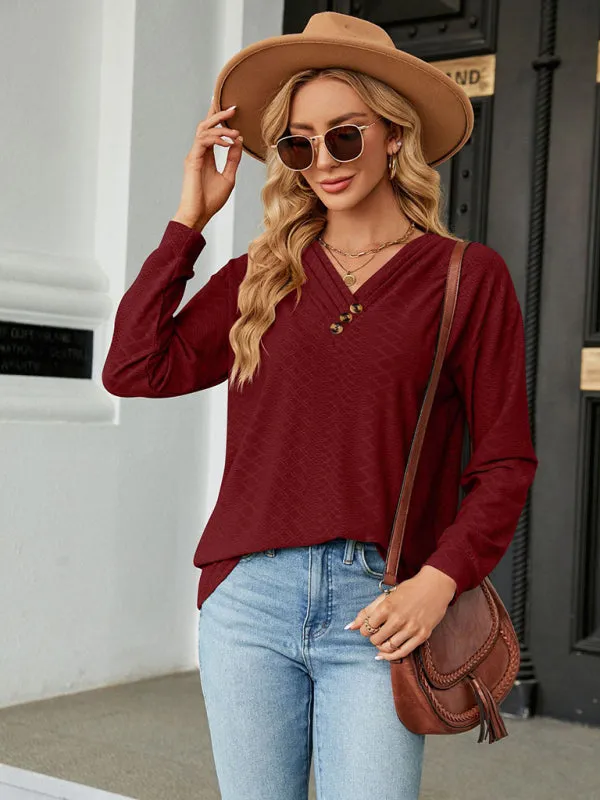 V Neck Button Loose Long Sleeve T-Shirt Top Women's Clothes