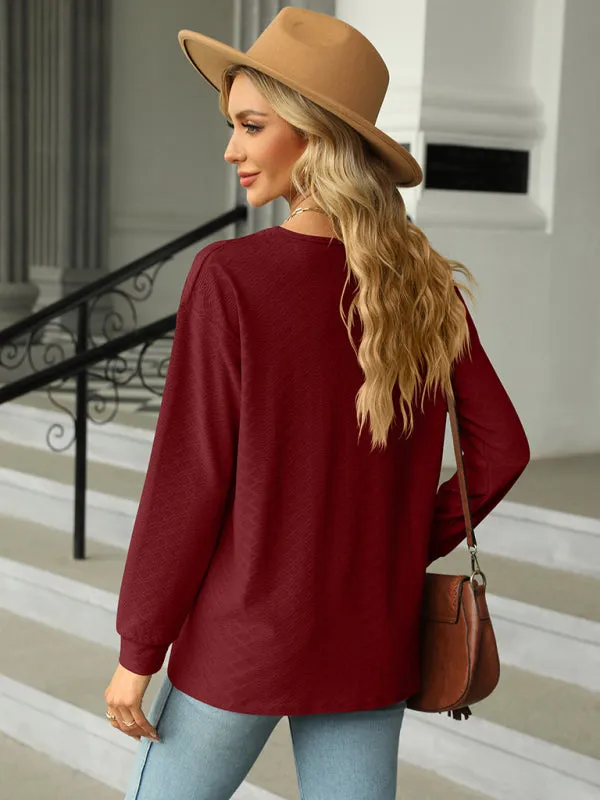 V Neck Button Loose Long Sleeve T-Shirt Top Women's Clothes