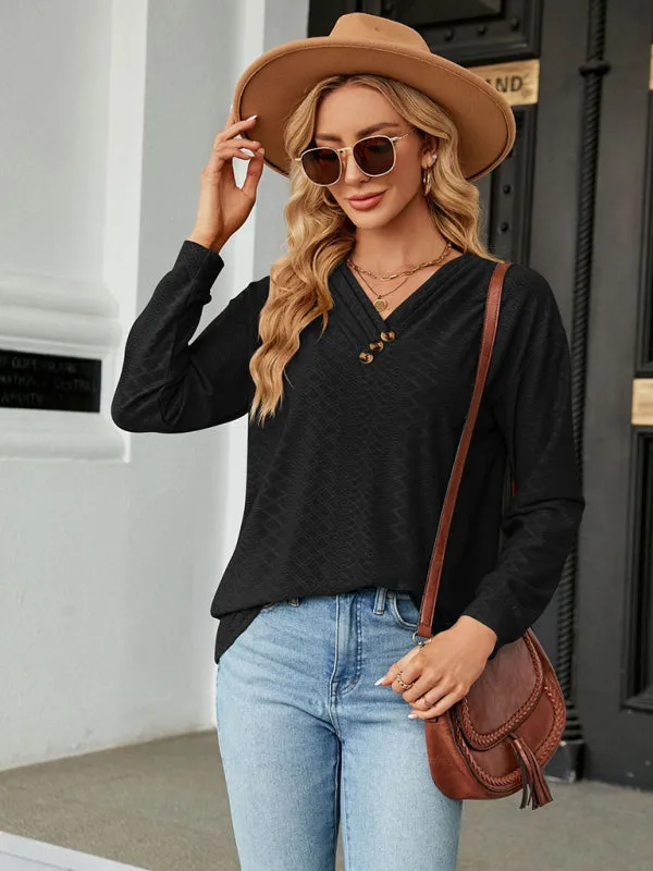 V Neck Button Loose Long Sleeve T-Shirt Top Women's Clothes