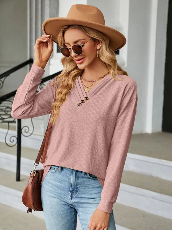 V Neck Button Loose Long Sleeve T-Shirt Top Women's Clothes